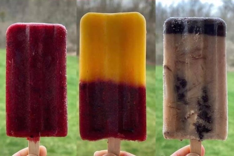 Three of the many flavor combinations offered by Champion City Pops, Sweets & Treats (left to right) include Mixed Berry, Mango Berry, and Cookie & Cream.